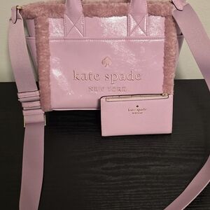 Kate Spade Pink Jett Faux Shearling Small Tote and Bonus Wallet (Freebie)